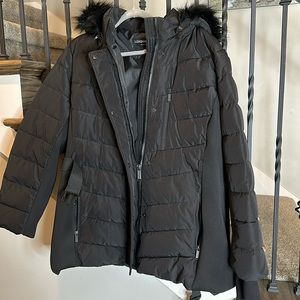 NWOT London Fog Women's Belted Puffer Jacket with Removable Faux Fur Hood  XXL